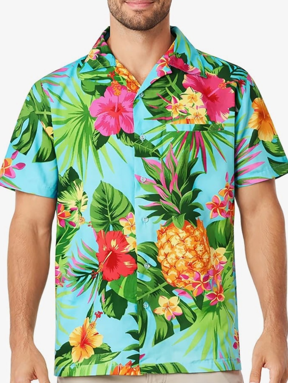 Men's Tropical Pineapple Hawaiian Shirt - Turquoise Blue Floral Button-Down